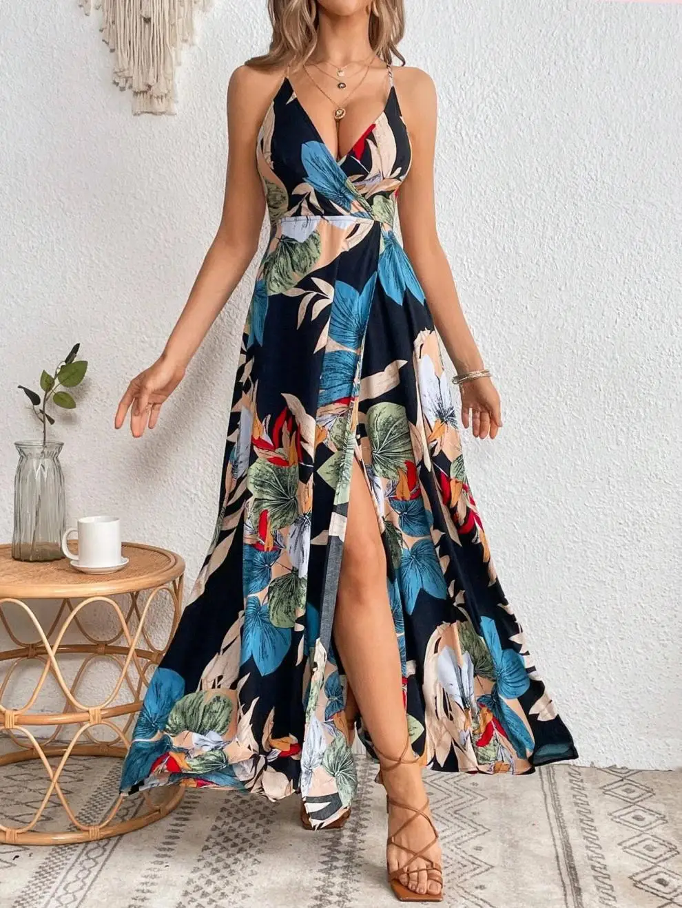 Fashion Flower Print Spaghetti Strap Dresses Women Sexy V-neck Backless Slit Long Dress Bohemian Style Vacation Beach Vestidos