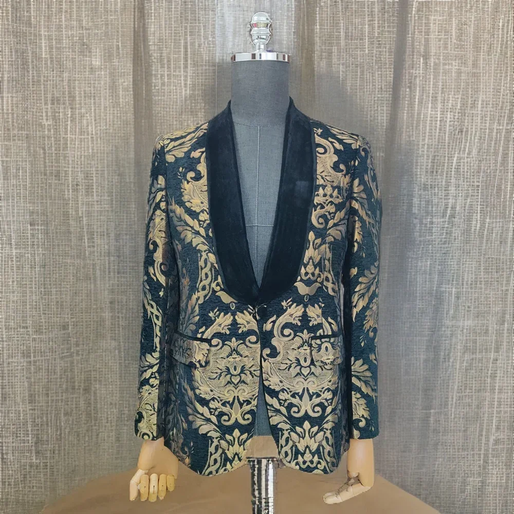 

Jacquard Wedding Suit Jacket with Black Velvet Shawl Lapel Slim Fit Male Fashion Blazer 1 Pc Floral Men Suit Coat 2024