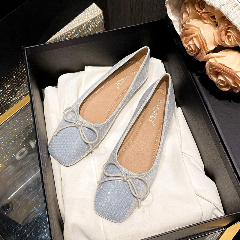 

Балетки женские с квадратным носком, роскошные модные блестящие лоферы на плоской подошве, без застежки, серебристые кожаные туфли с бантом-бабочкой