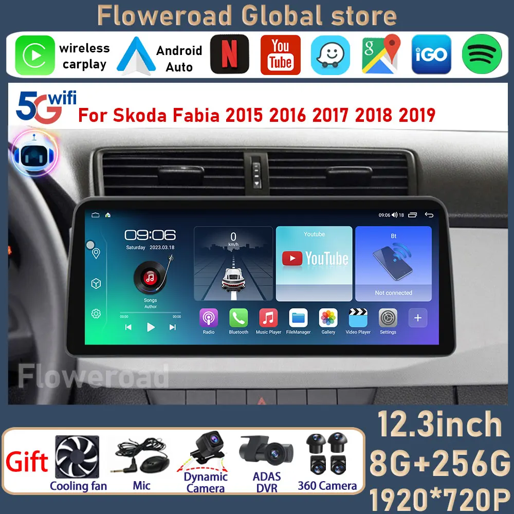 

Автомагнитола QLED для Skoda Fabia, мультимедийный проигрыватель с дисплеем 12,3 дюйма, GPS, Wi-Fi, RDS, для Skoda Fabia 2015, 2016, 2017, 2018, 2019