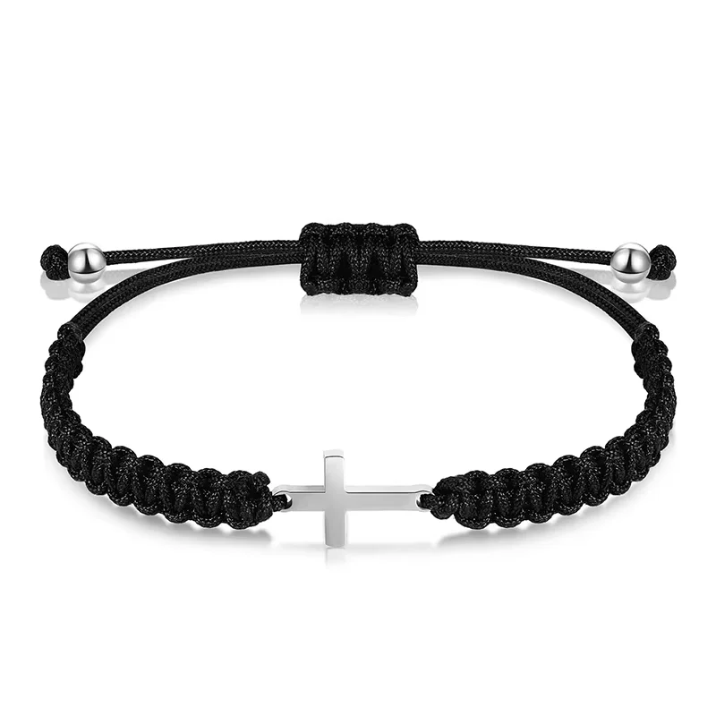 Simple Cross Black White Braided Rope Couple Bracelets Silver Color Adjustable Bracelet Christian Jewelry
