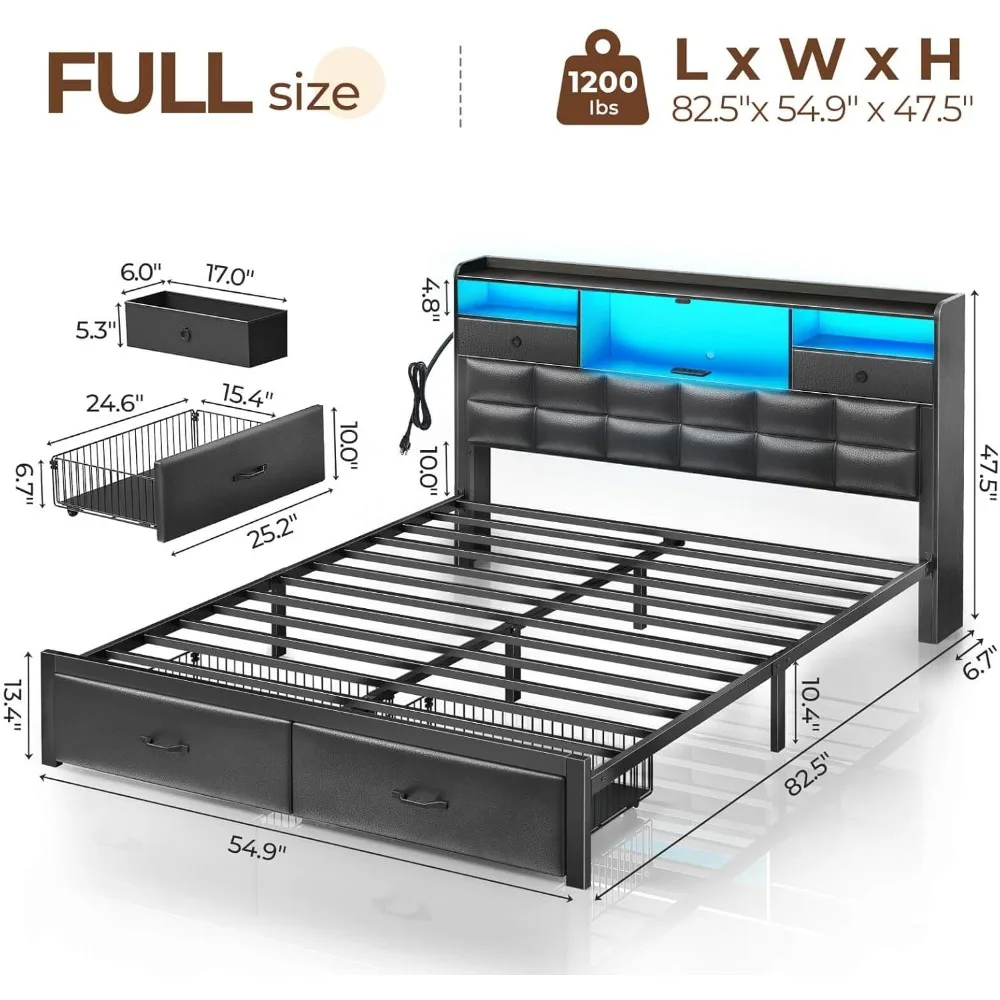 Bed Frame with Drawers，Charging Station,Upholstered Platform Bed w Storage Headboard LED Light, Heavy Duty Metal Frame Support 2