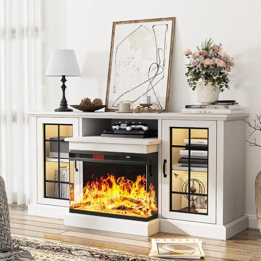 59'' Fireplace TV Stand, 3 Sided Glass Media Entertainment Center Console Table for TVs up to 65'' with Glass Door 2