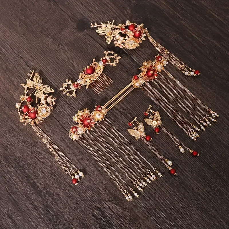 Antique Hanfu Headwear Gorgeous Set Of Phoenix Crown Red Step Shake Wedding Bridal Hair Accessories Show Small Face Hair Fork