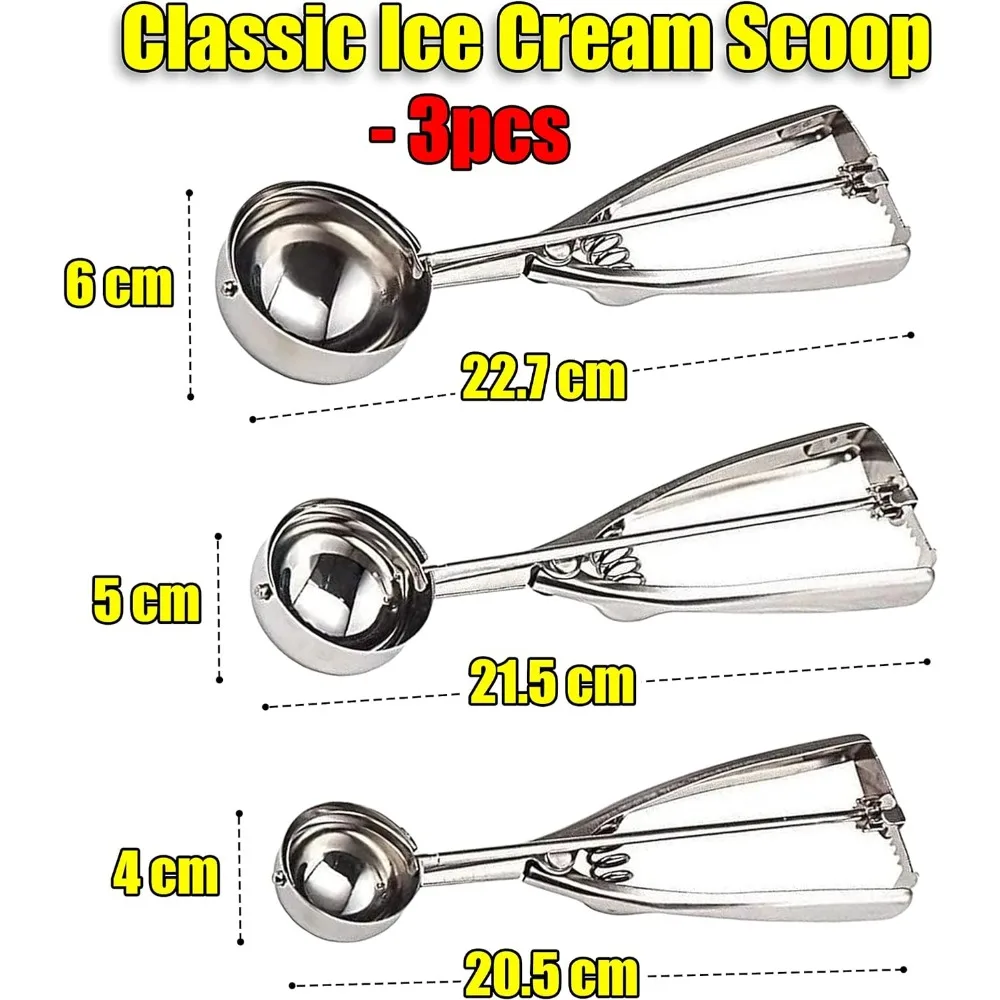 Ice Cream Scoop 3PCS/Set Stainless Steel Ice Cream Scoops Set for Baking Easy To Clean Highly Durable Ergonomic Handle Cookie Dough Scoop Set