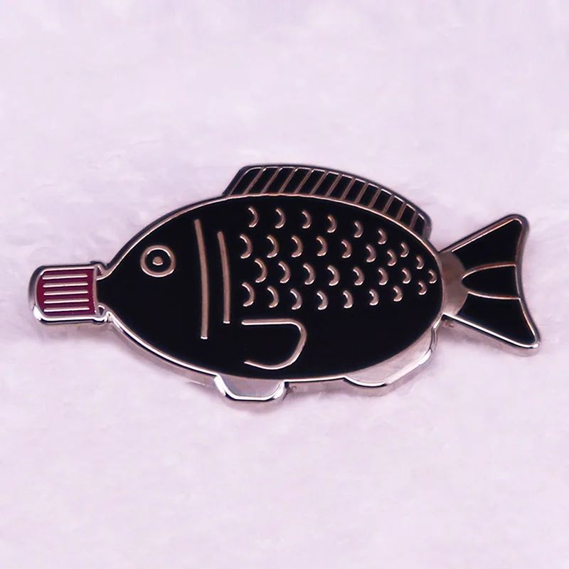 Sushi Soy Sauce Fish badge Enamel Pin Fish shaped soy sauce bottle brooch kawaii jewelry