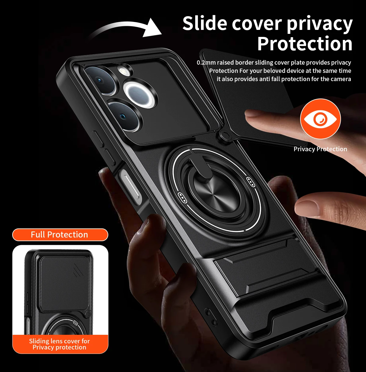 Armor Shockproof Phone Case with Sliding Camera Cap and Built-in Magnet Ring Kickstand