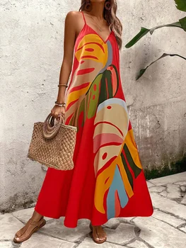 Abito estivo colorato con stampa foglia di banana, bretella senza maniche, scollo a V, abito originale, moda sexy, lunghezza alla caviglia, abito da sera lungo 1
