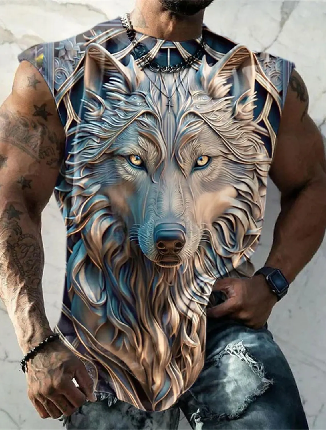 Vintage Men's Sleeveless T Shirt Patterned Animal Lion V Neck 3D Printed Sports Running Casual Fitness Clothing Hip Hop Tank Top
