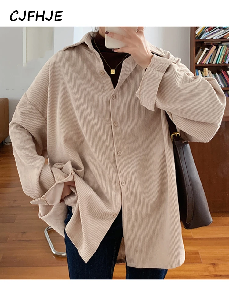 

CJFHJE New Women Solid Corduroy Vintage Oversized Blouse Turn-Down Collar Button Up Batwing Sleeve Shirt Autumn Casual Tops