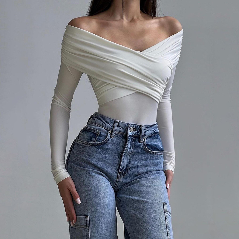Fashionable spicy girl sexy one shoulder slim fit long sleeved jumpsuit versatile spring and autumn new T-shirt top for women