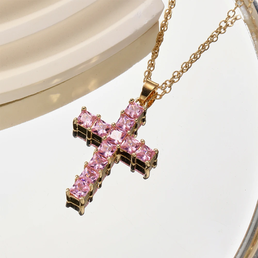 Fashion Crystal Cross Pendant for Women New Multi Color Shiny Romantic Exquisite Necklace Party Leisure Female Jewelry Gift 2024
