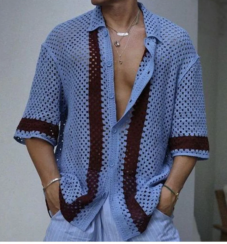 Description Picture 3 of item2024 Men's Hollow Out Knitwear Cardigan Summer Short Sleeve Contrast Color Lapel Tops Fashion Casual Streetwear Polo Shirt Male
