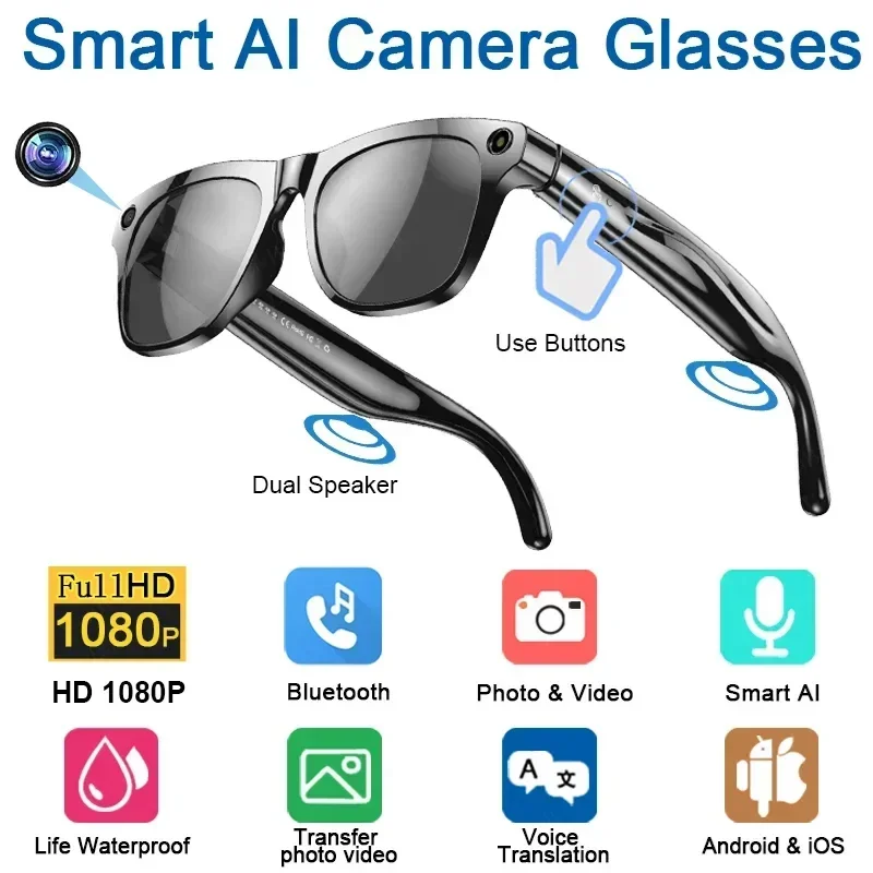 Lenovo 8K AI Smart Glasses With 100MP Camera Chat GPT Touch Sport Sunglasses Bluetooth Call Video Music Player ForMen Women