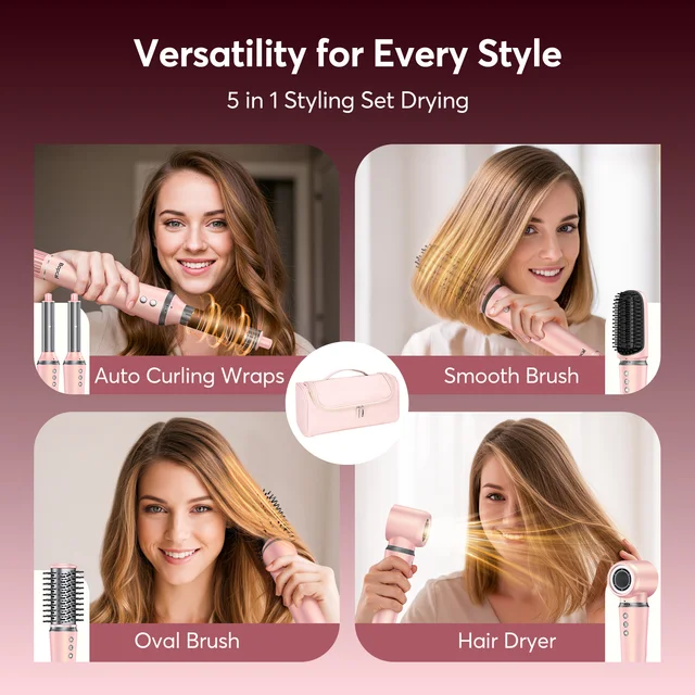 5 in 1 High-Speed Hot Air Styler Frizz-Free Fast Drying No Heat Damage Hair Dryer Curl Volumize Straighten with Travel Bag 2