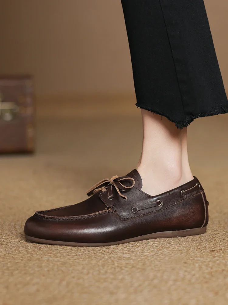 2025 NEW Trend Women Flat Shoes Genuine Leather Spring Autumn Lady Casual Lace Up Shoes Oversizes Size Apricot Brown Women Flats 2