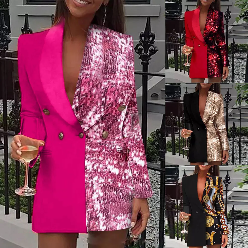 Women Sequined Patchwork Blazer Dress
