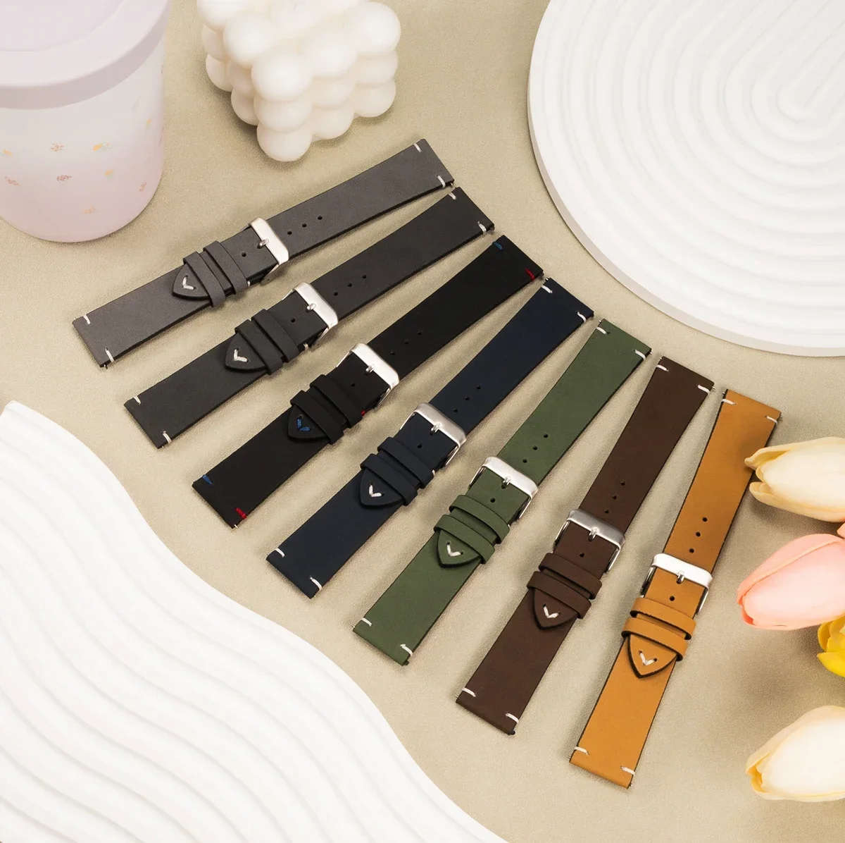 Vintage Leather Watch Strap with Handmade Stitching and Quick Release - 20mm/22mm