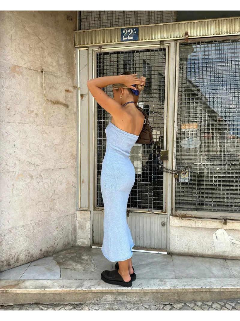 Backless Contrast For Women Dress Slim Holiday Beach Striped High Waist Off-Shoulder Maxi Dress Skinny Casual Long Dress