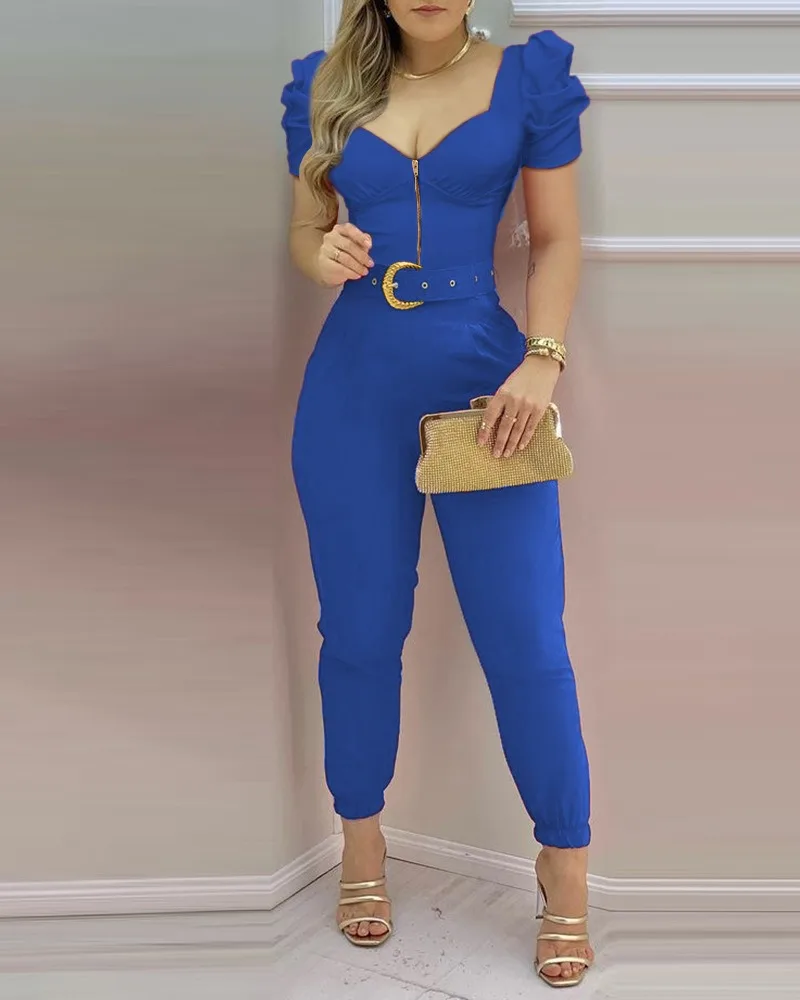 Summer Jumpsuit Women Fashion Zip Front Puff Sleeve with Belt Pencil Pants Office Jumpsuit