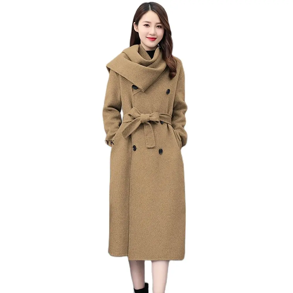 

2022 Autumn Winter Double Breasted Woolen Jackets Women Long Wool Blend Coats Scarf Collar Fashion Trench Coats Female Belt