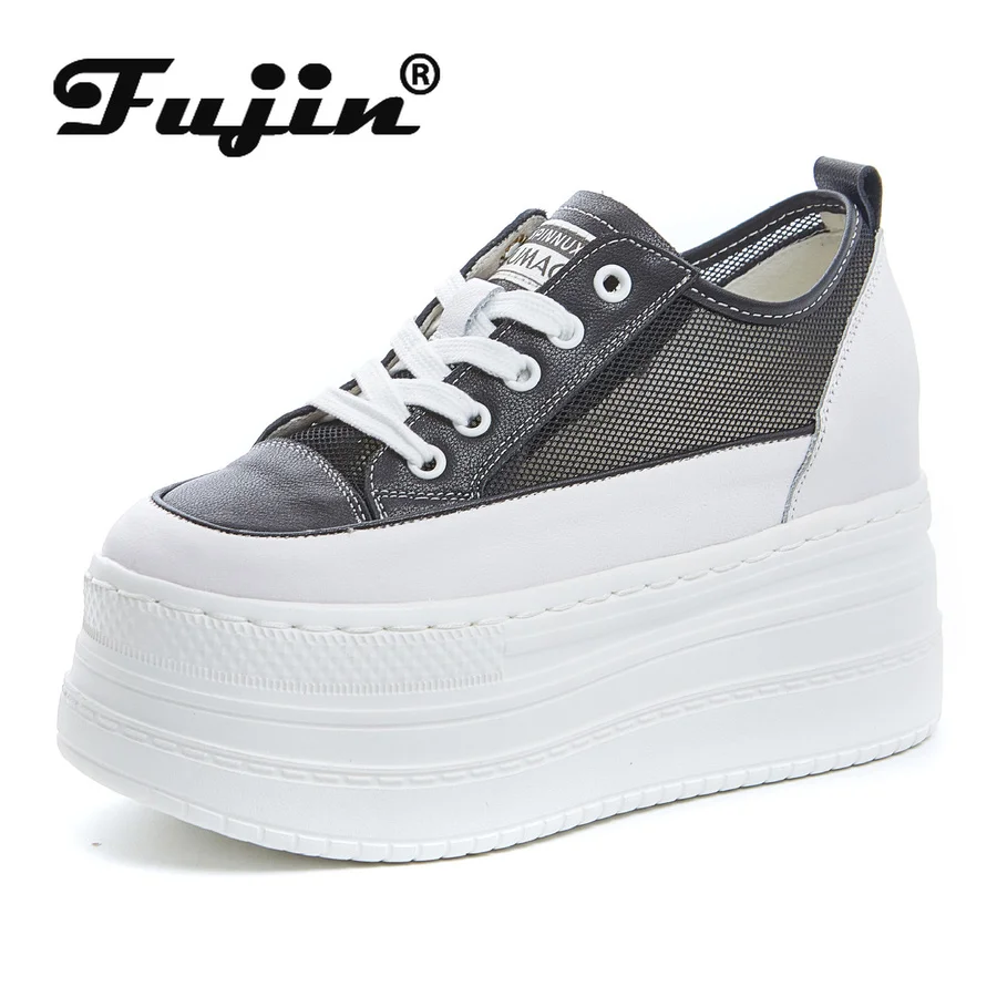 

Женские кроссовки на платформе Fujin, белые кроссовки из натуральной кожи на скрытом каблуке 9 см