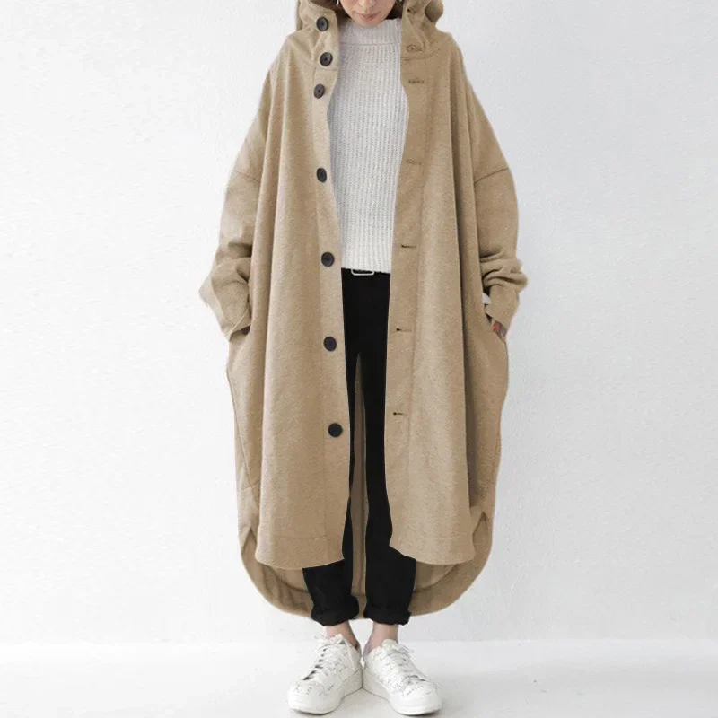 

2024 Spring Women's Long Hoodie Hat Black Long Sleeve Button Pockets Loose Hoodies Female Spring Casual Fashion Ladies Clothes