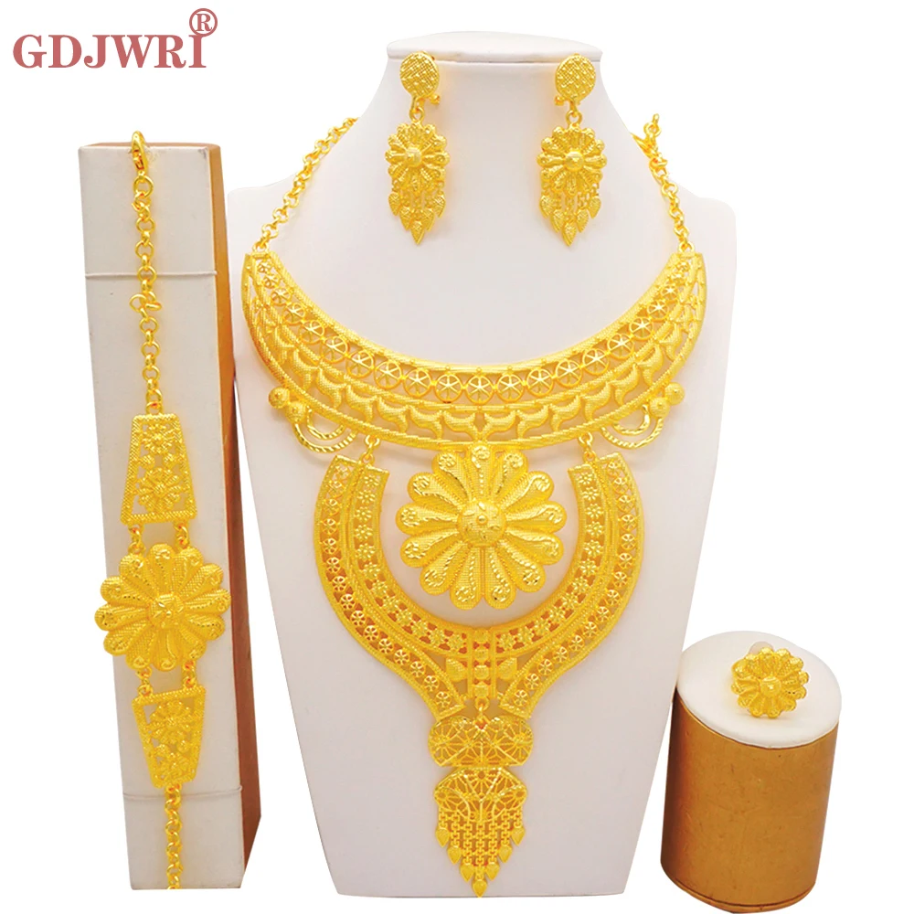 Dubai Gold Color Big Luxury African Necklace Bracelet Earrings Ring Jewelry Sets For Women Bridal Wedding Jewellery Party Gifts