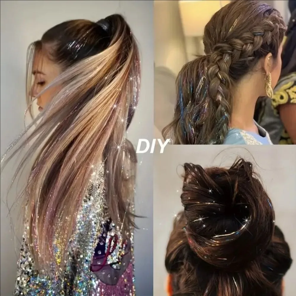 12Pcs Clip In Hair Tinsel Kit 20 inch Glitter Hair Extensions Heat Resistant Sparkling Fairy Hair Tinsel Hair Accessories