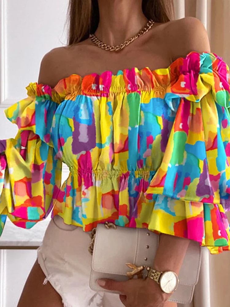 

Women Off Shoulder Ruffled Trim shirring Shirt Female Top Summer Casual Long Sleeve Colorful Tighten Waist Blouse Tops