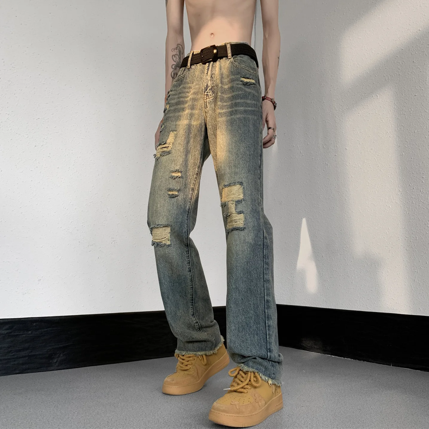 

American High Street Y2k Casual Jeans Mens Hollow Out Personalized Loose Straight Leg Distressed Pants Male Vintage Trousers