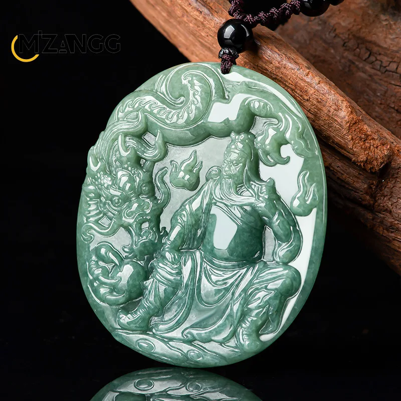 

Natural Jadeite Divine Dragon Guan Gong Jade Pendant Hand-carved Bean Seed Jade Necklace Men and Women Amulet Holiday Gift