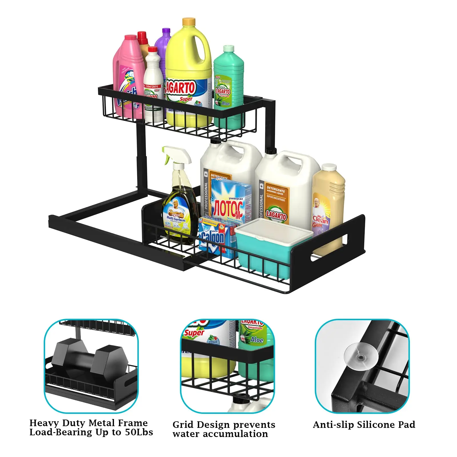 Under Sink Organizer, Pull Out Cabinet Organizer 2 Tier Slide Out Sink Shelf Cabinet Storage Shelves, Kitchen Under Storage