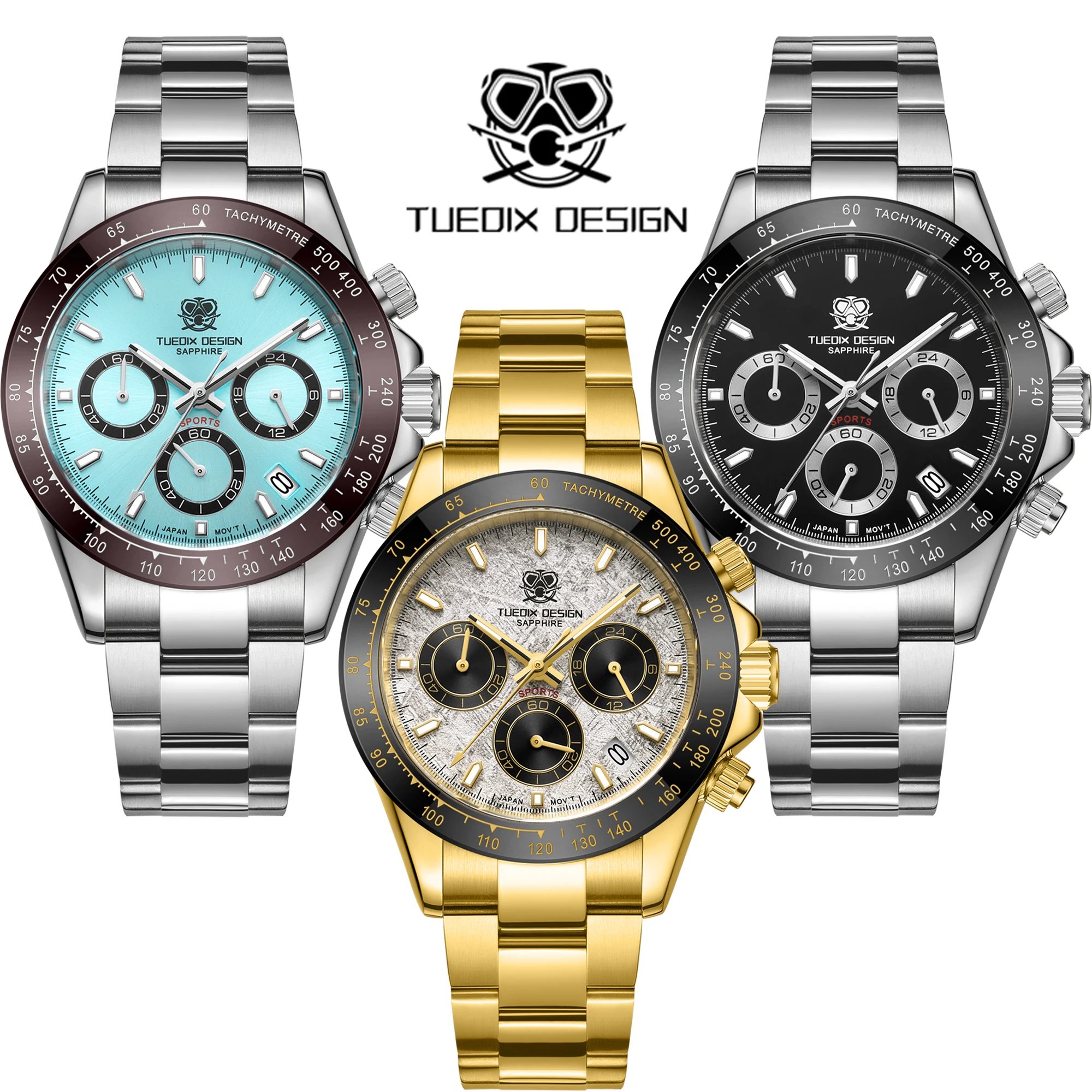 TUEDIX Luxury Fashion Business Quartz Watch for Men Gift 40mm VK63 Sapphire Crystal 10Bar Waterproof Wristwatch Solid 316L Steel