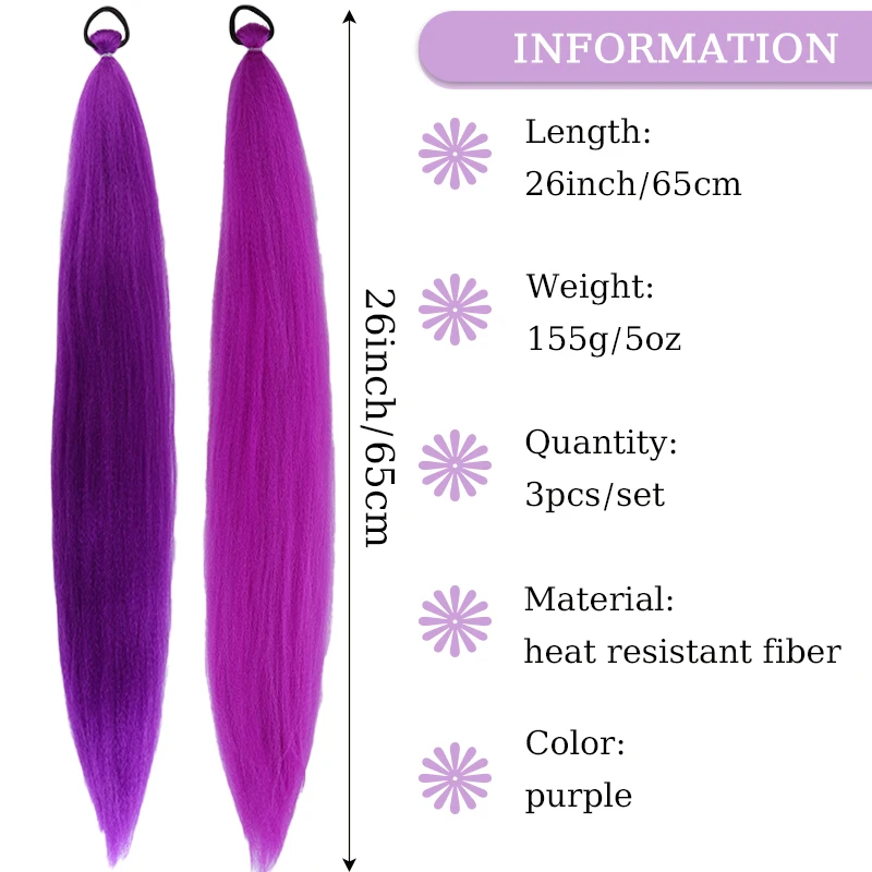 3Pcs Purple Hair Ponytail Extensions Hairpiece Synthetic Wig Straight Ponytail for Braiding Women&Kids Christmas Use Purple Wig