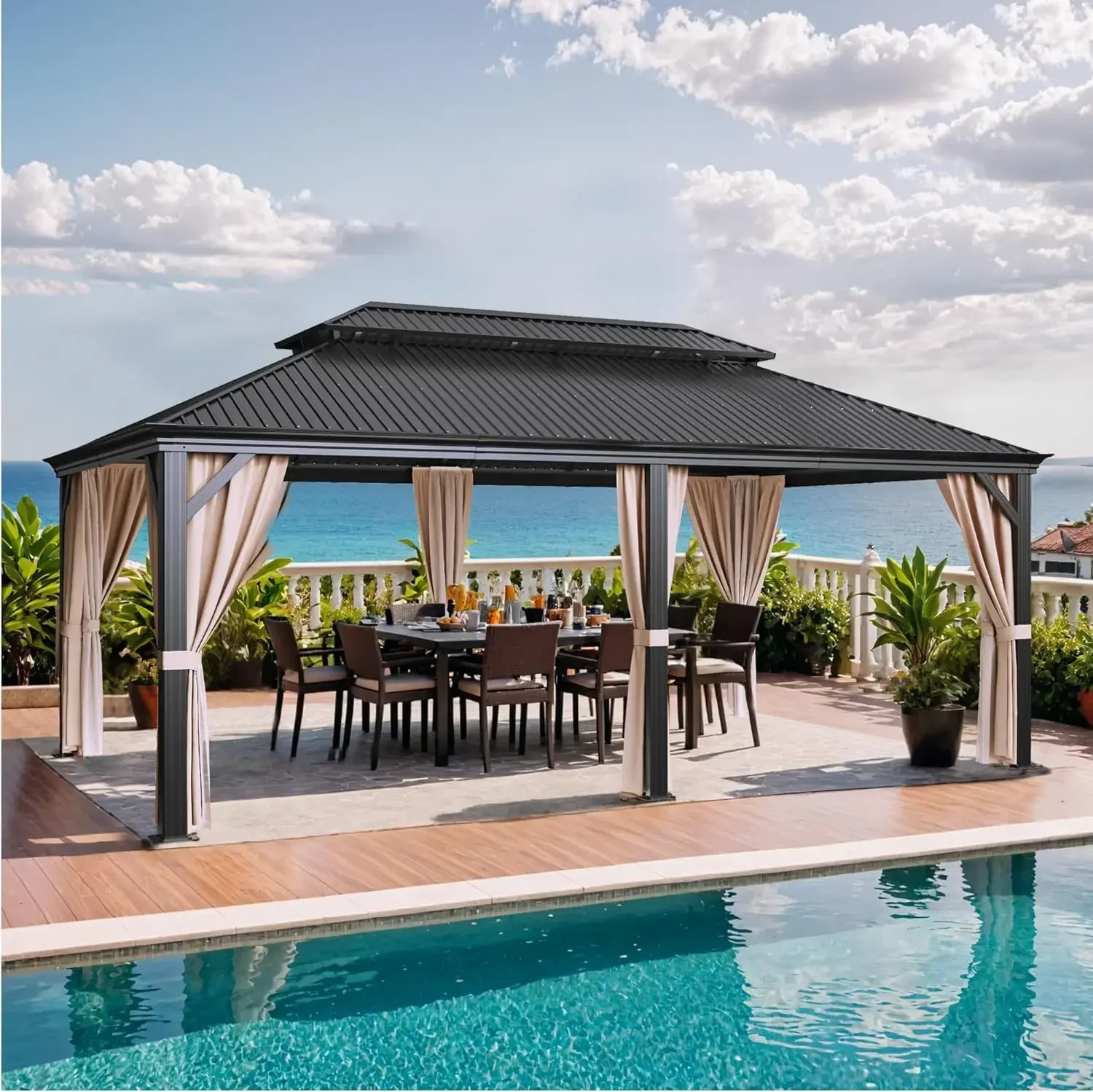 Outdoor Hardtop Gazebo Galvanized Steel Metal Gazebo Aluminum Frame Double Roof Outdoor Nettings Curtains