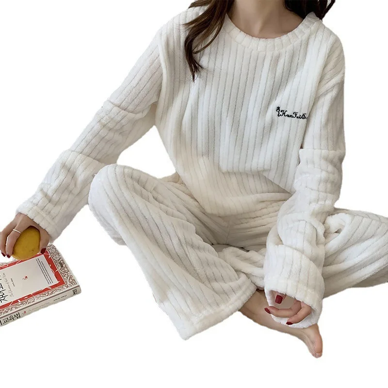 Autumn and winter flannel pajamas women's two-piece coral fleece homewear new loose casual women's striped simple pajamas women pajamas set