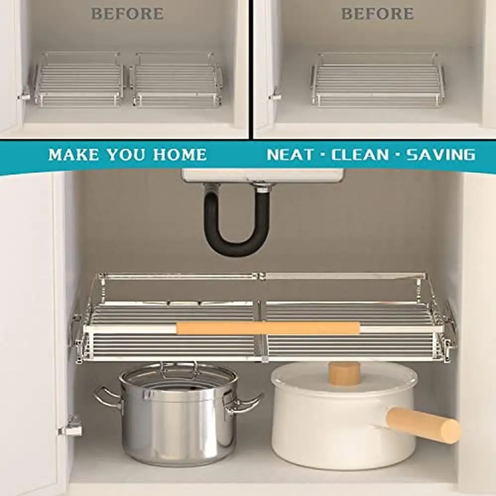 Sliding Basket Pull-Out Cabinet Organizer Set Heavy Duty Pantry Storage Shelves Kitchen Under Sink Expandable Stainless Steel