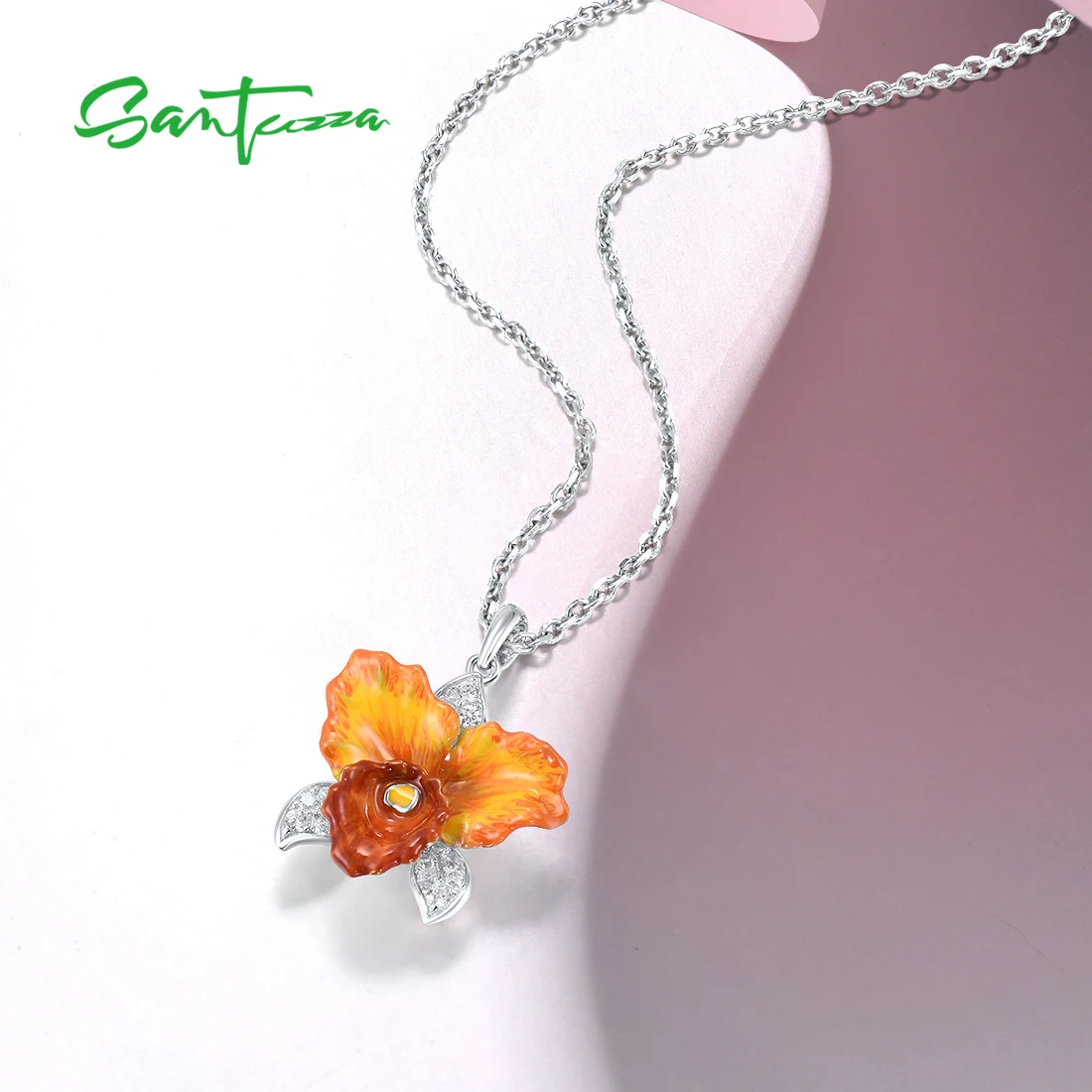 SANTUZZA Pure 925 Sterling Silver Pendant For Women Sparkling Orange Orchid Flower Trendy Party Gifts Fine Jewelry Enamel