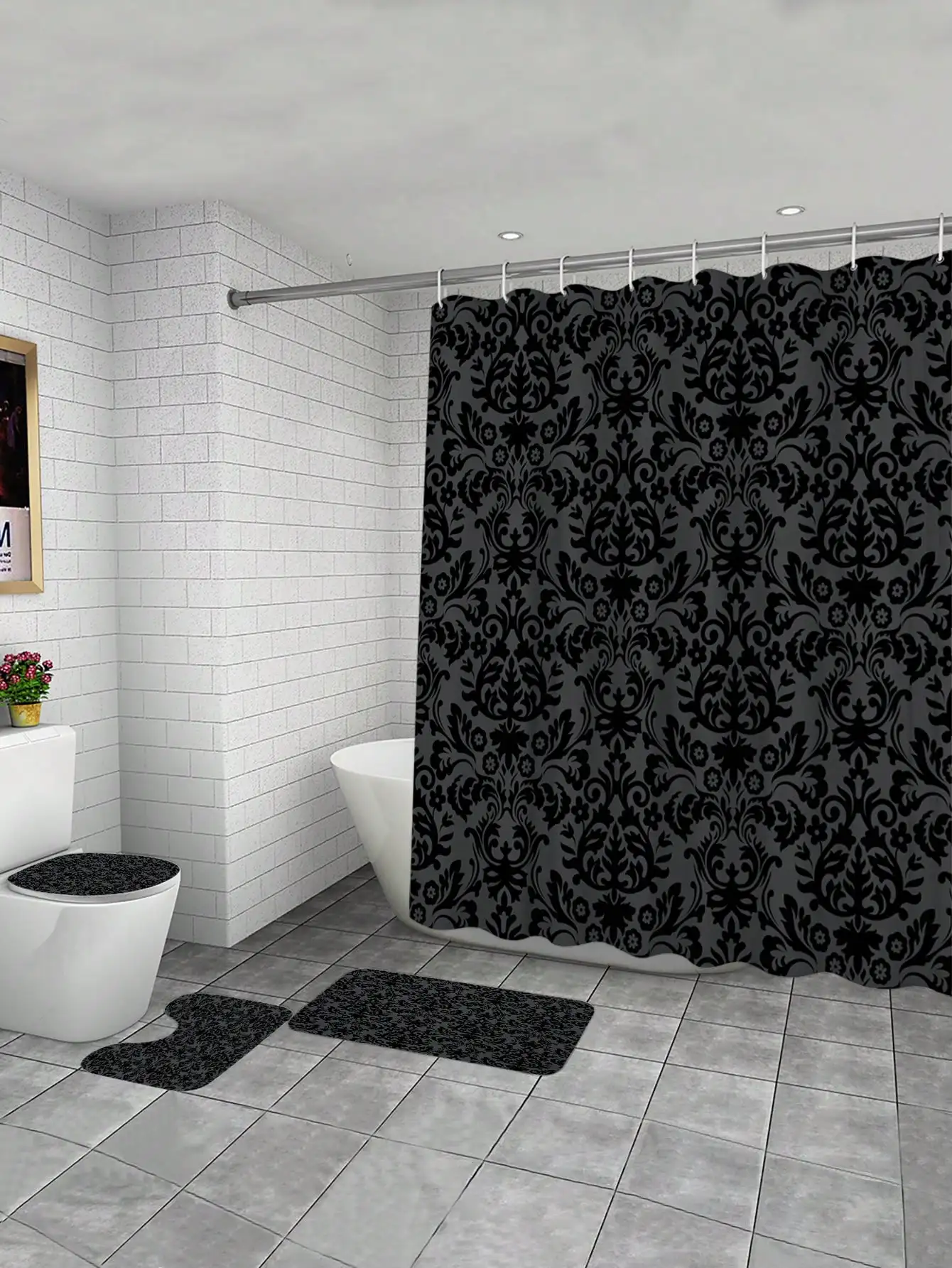 4pcs Waterproof Durable Baroque Style Background Multipurpose Decorative Shower Curtain With 12 Hooks, For All Scenarios 5