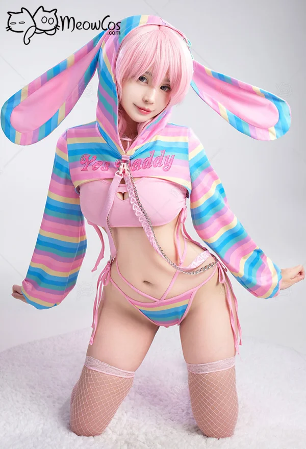 MEOWCOS Women's Rainbow Stripe Lingerie Set - Top, Panty & Stockings