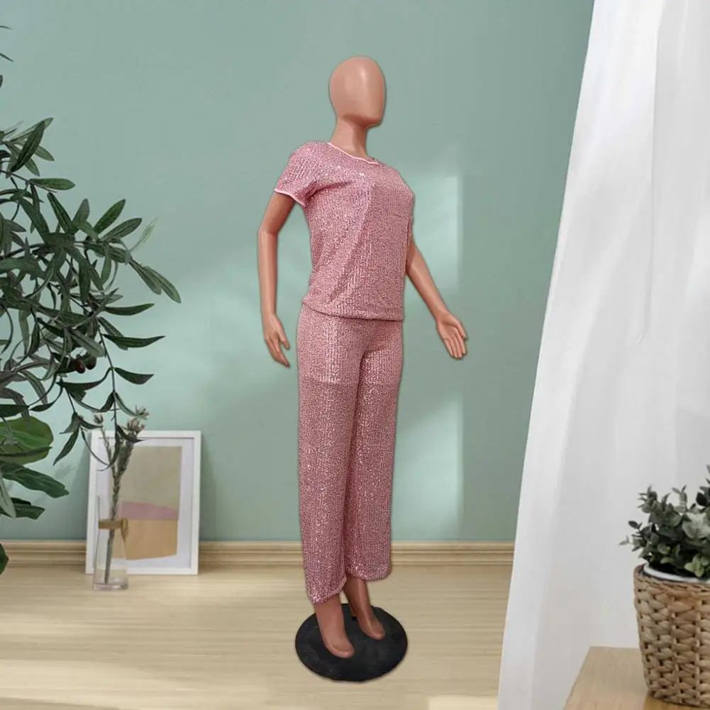 

Блестящий топ и брюки, блестящий Женский Повседневный комплект из 2 предметов с блестками, футболка с круглым вырезом и коротким рукавом для особых случаев