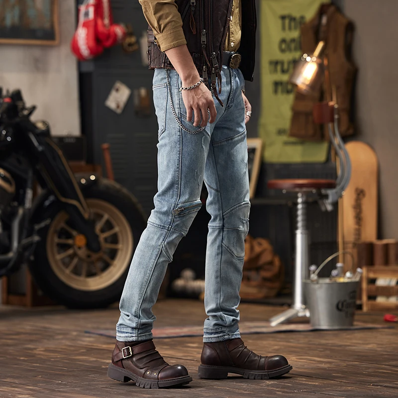 2024 Motorcycle Pants Men's Fashion Design Retro Stretch Tight Wear-Resistant Fashion Brand Street Punk Motorcycle Jeans