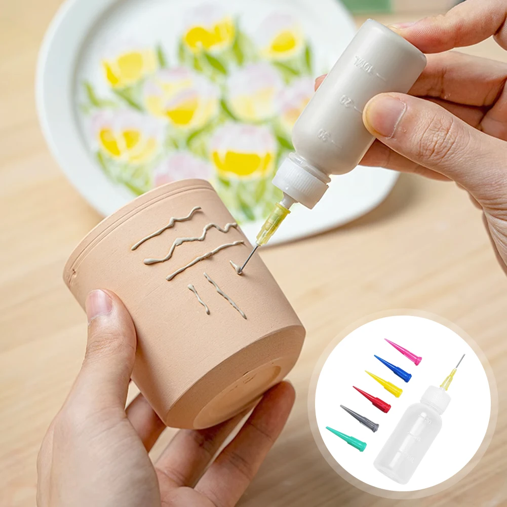 50ml Pottery Mud Painting Bottle with Nozzle Set Squeeze Mud Bottle with Needle DIY Ceramic Texture Pottery Clay Sculpture Tool