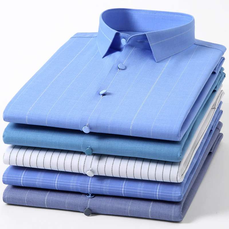 Men\'s woven seamless micro-elastic business slim casual formal fashion classic social comfortable breathable long-sleeved shirt