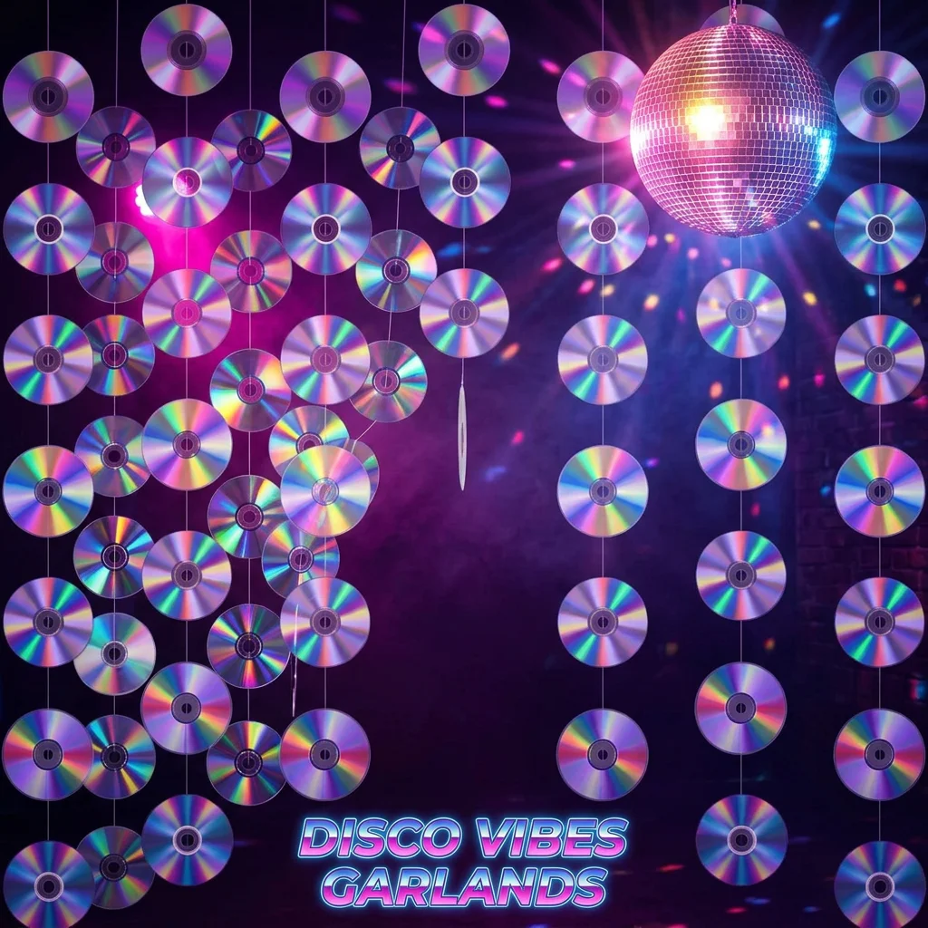 Disco Party Decorations Holographic CD Record Hanging Garland Backdrop 90s 2000s Retro Birthday Theme Streamer Wall Decor Prop