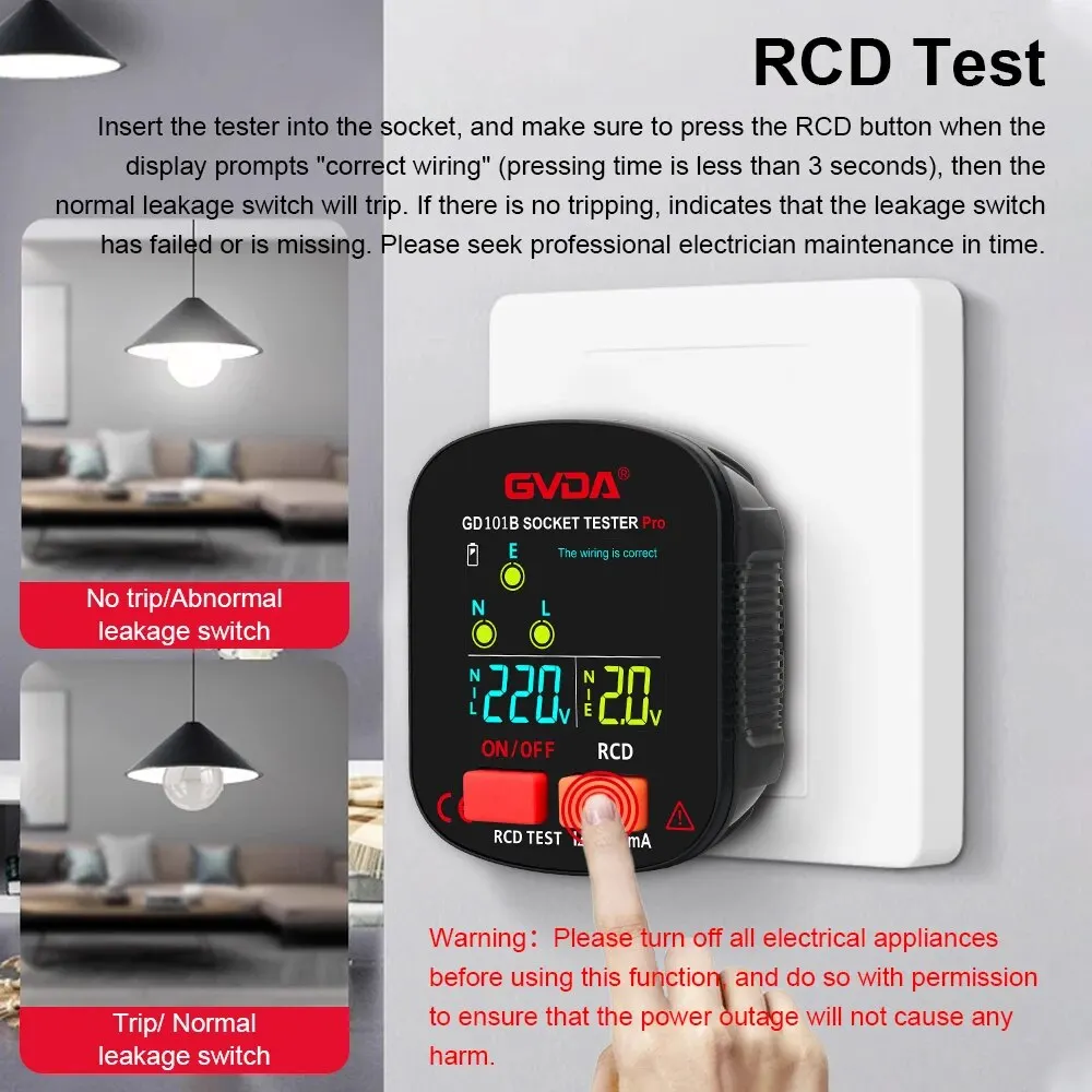 Socket Tester socket tester GVDA Pro Voltage Test Digital Outlet Socket Detecter EU Plug Ground Zero Line Plug Polarity Phase Checking GD101B