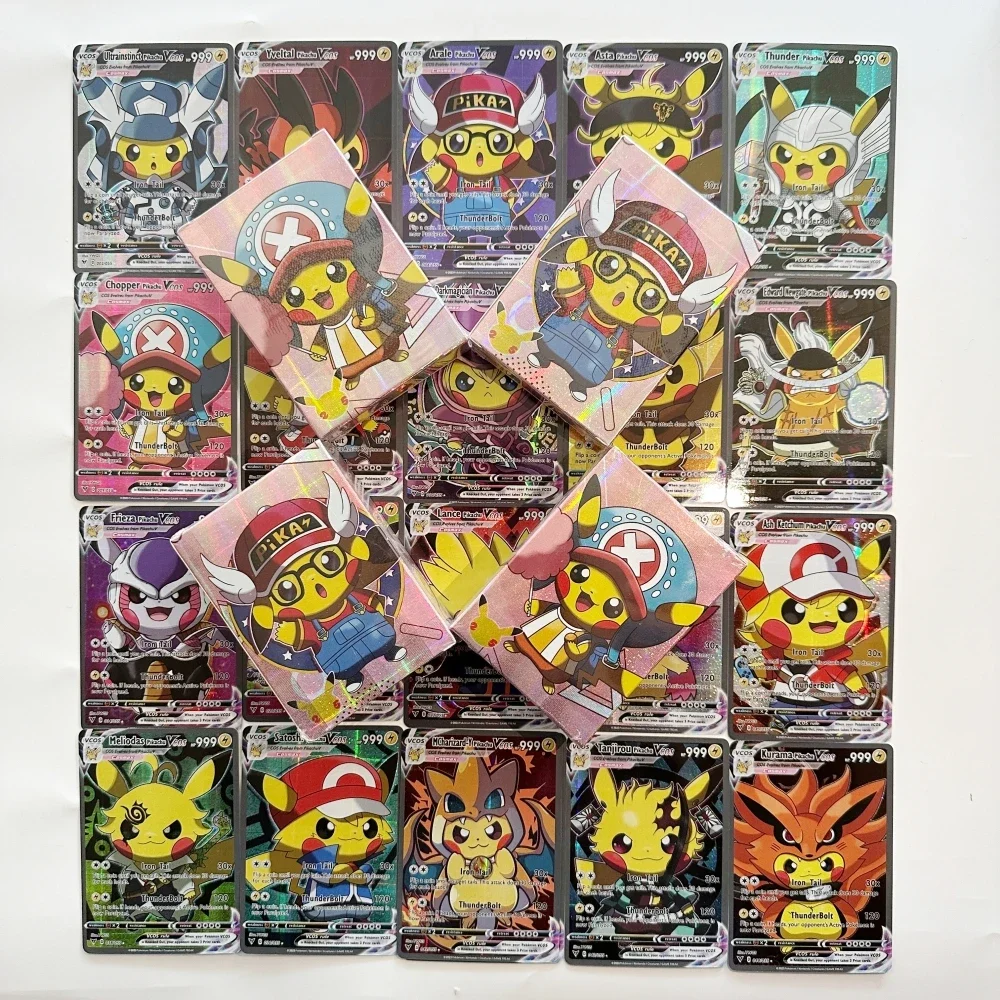 

2023 Anime Holographic Pokemon Cards Pikachu Cosplay DIY Luffy Tanjirou One Piece Goku Eva Frieza Characters English Shiny Card