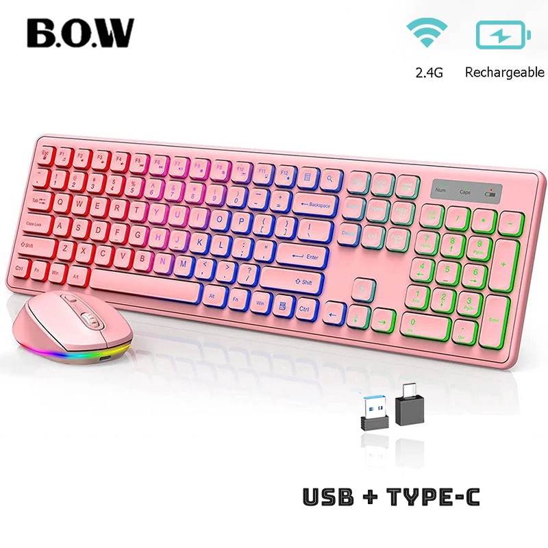 Bow 2.4g Combo Teclado Mouse sem Fio com Rgb Backlit Recarregável Full Size Mouse Teclado sem Fio Conjunto para Computador Portátil