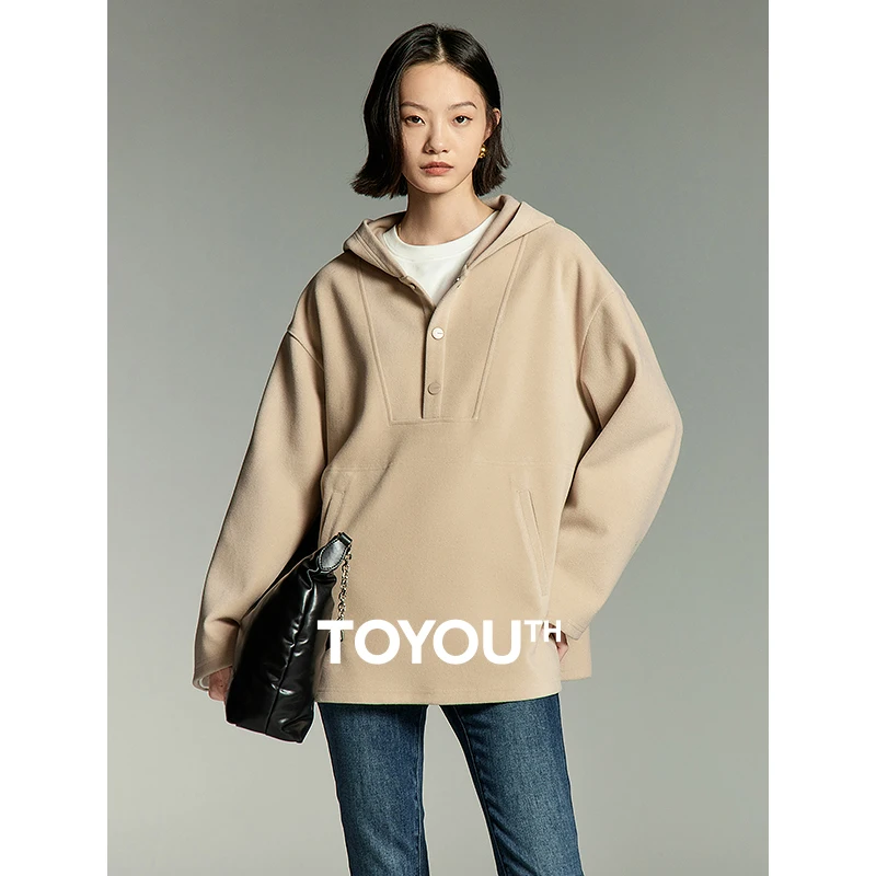

Toyouth Women Hoodies 2023 Winter Long Sleeve Oversized Hooded Sweatshirt Button Neckline Casual Versatile Apricot Pullover